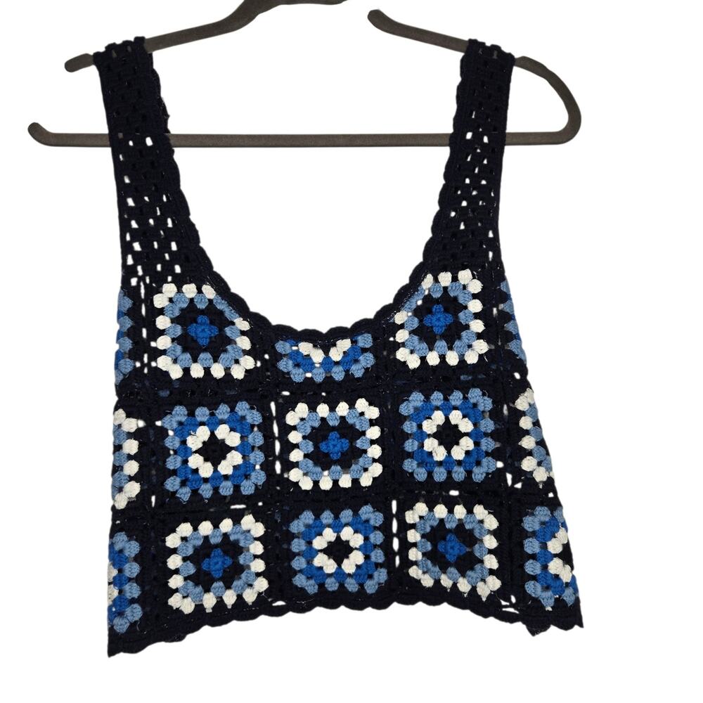 Crochet Granny Square Womens Tank Festival Cropped Coachella Summer Blue Large